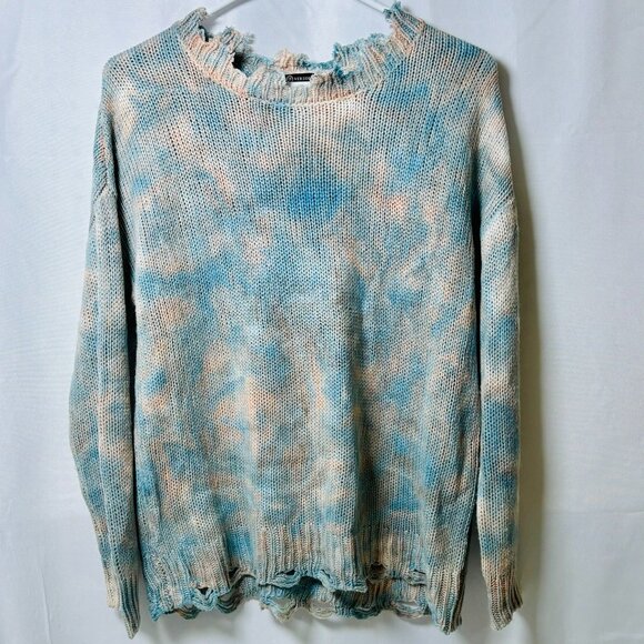 Versona Blue & Pink Tie-Dye Fringe Sweater | Boho Distressed Knit | Size Small - Picture 2 of 4